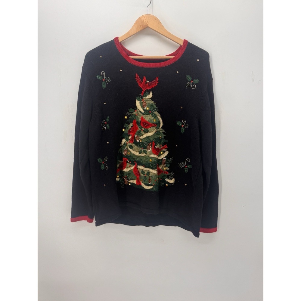 Vintage Christmas Sweater Women L Cardinal Tree Embroidered Beaded Ugly Xmas - Picture 2 of 6